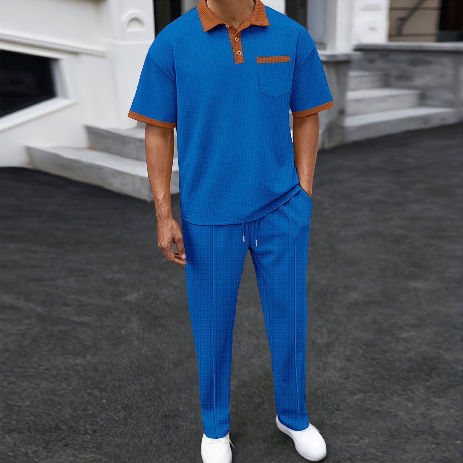 Waffle Lapel Color Matching Short-sleeved Trousers Two-piece Casual Suit