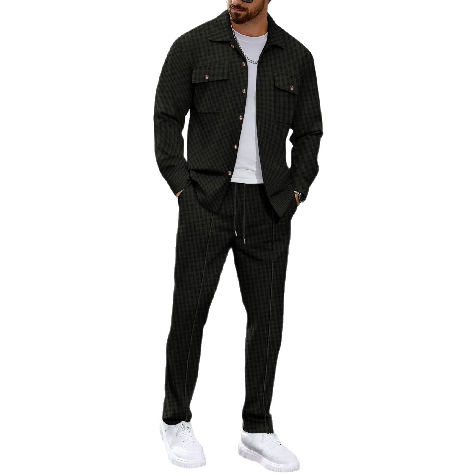 Autumn New Waffle Long-sleeved Trousers Two-piece Set Cardigan Shirt Suit