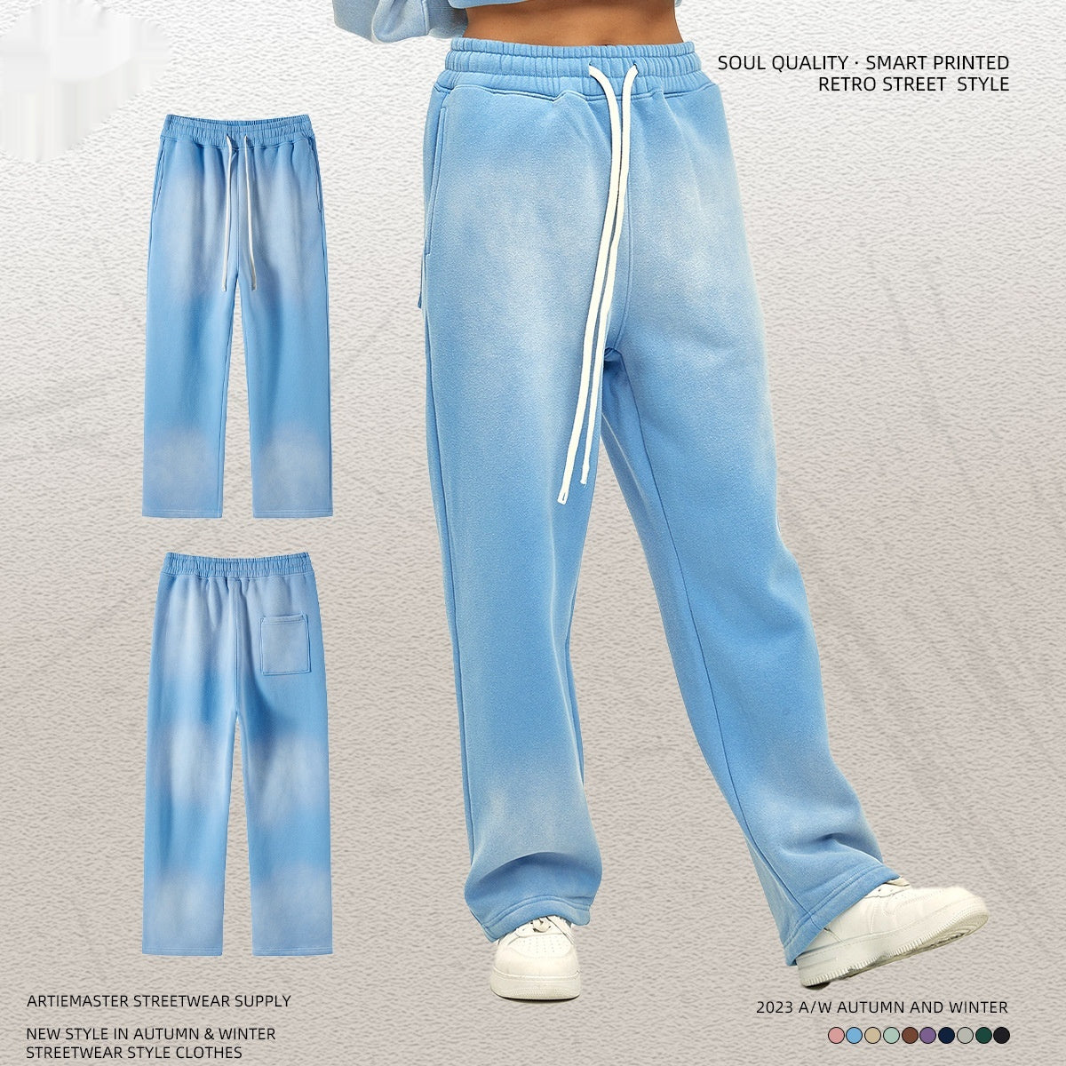 Spray Dyed Distressed Men's Trousers Bright White Washed And Worn Casual Pants