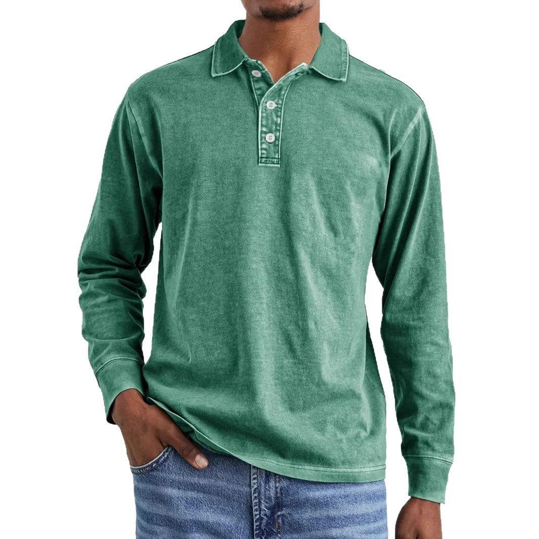 Retro Washed Distressed Cotton Lapel Long Sleeve Polo Shirt