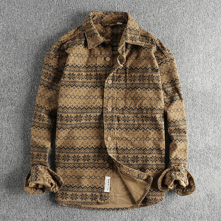Men's Vintage Totem Printed Washed Corduroy Long-sleeved Shirt