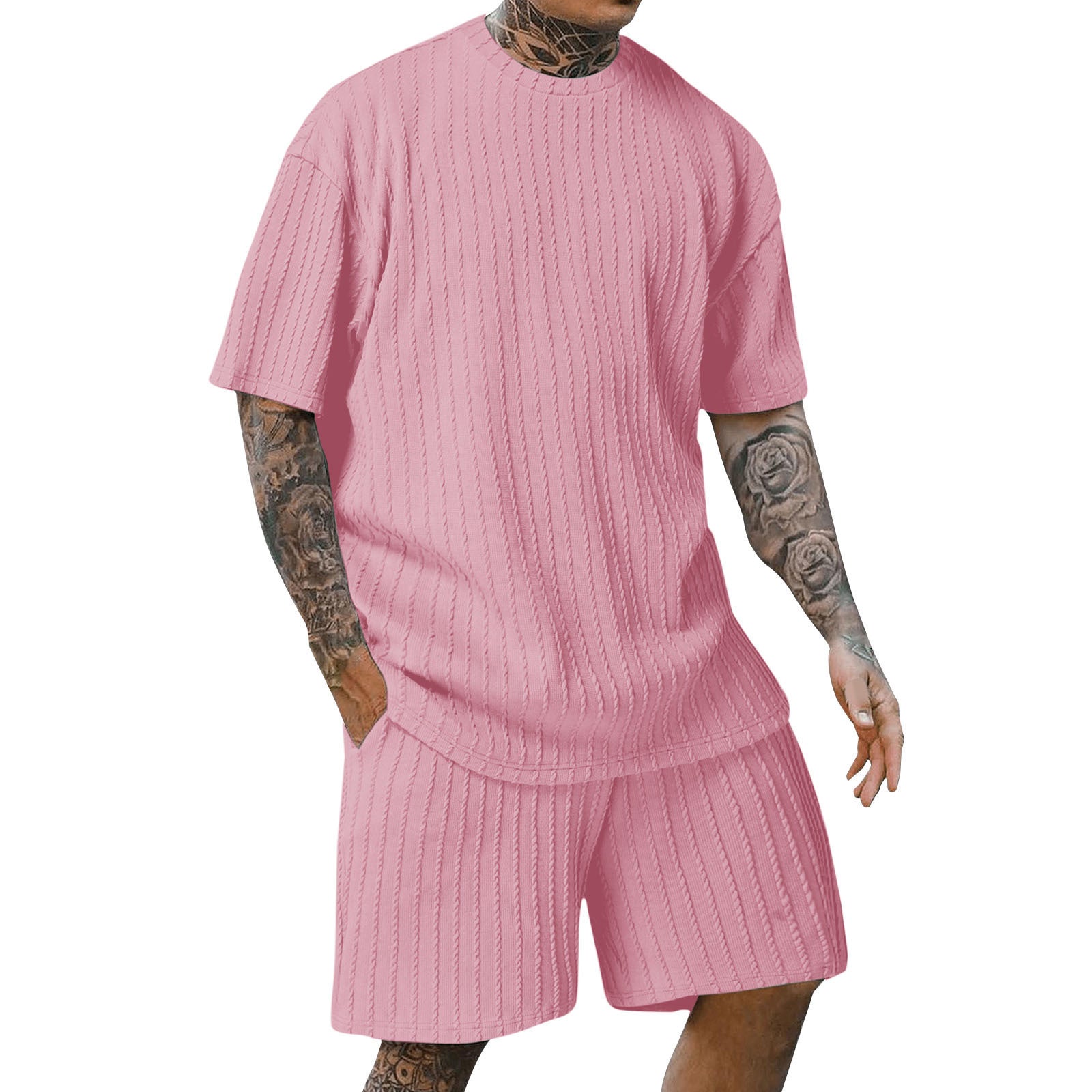 Men's Sports Solid Color Round Neck Pullover Vertical Pattern T-shirt Two-piece Set