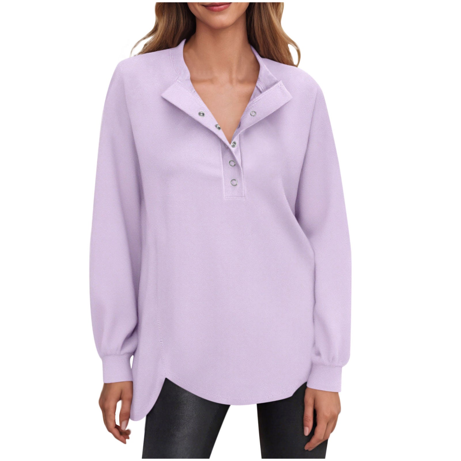 Women's Fashion Casual Solid Color Round Neck Button Long Sleeve Top