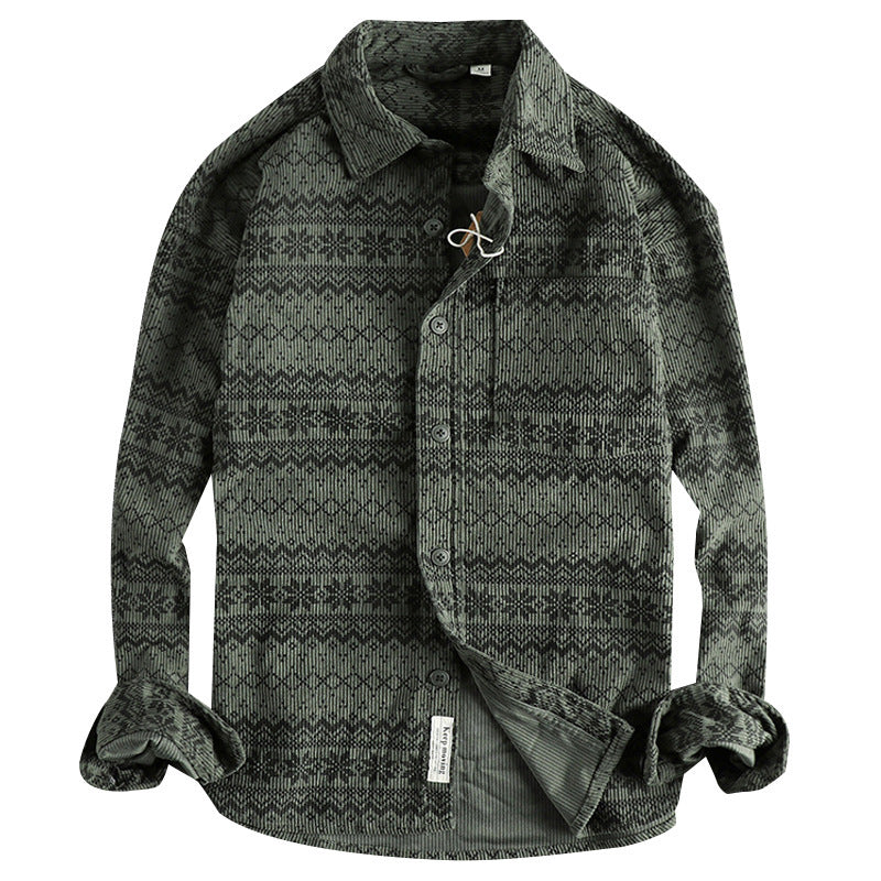 Men's Vintage Totem Printed Washed Corduroy Long-sleeved Shirt