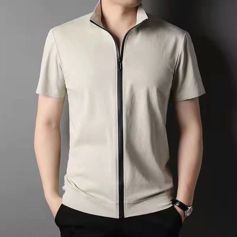 Men's Cardigan Zipped Stand Collar Short Sleeve