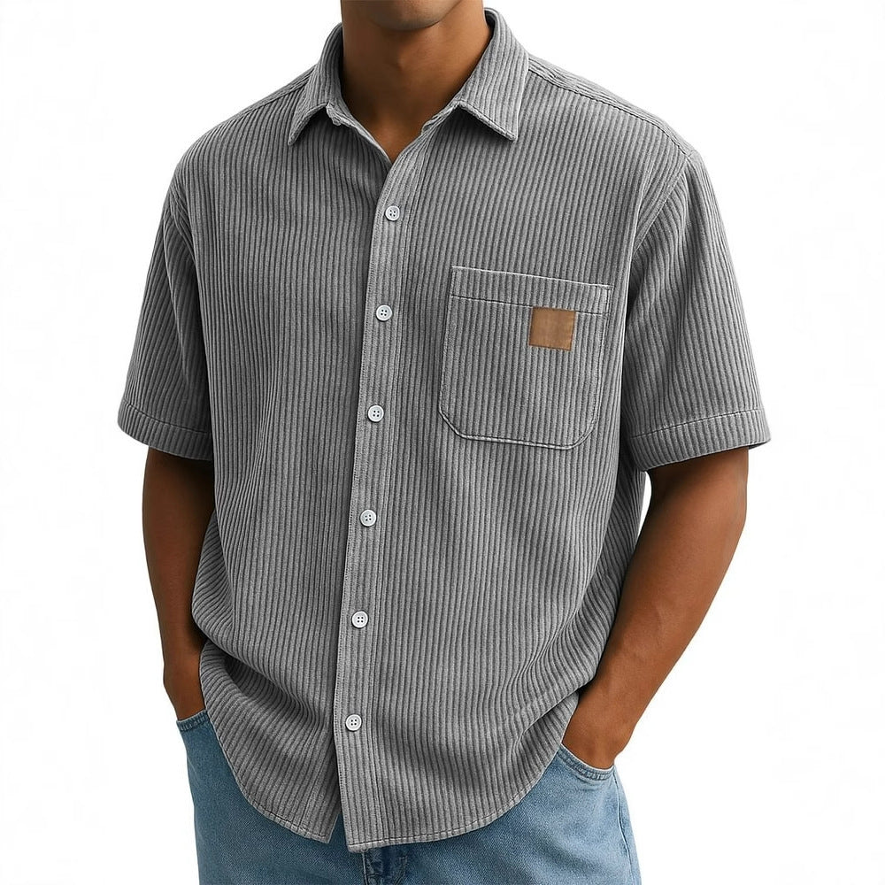 Versatile Leisure Corduroy Leather Sticker Pocket Short Sleeve Shirt