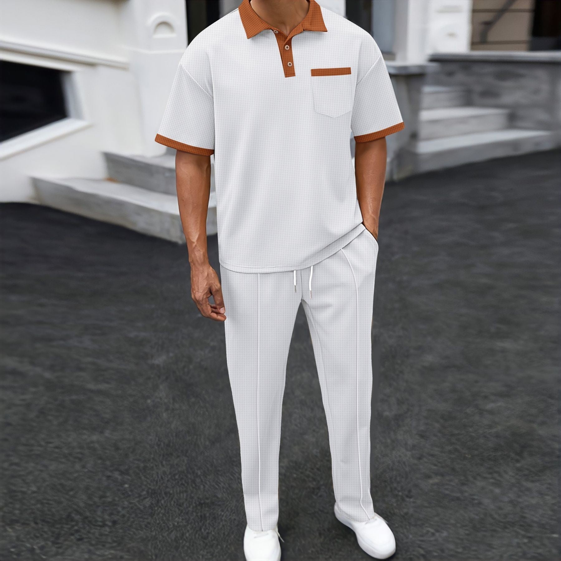 Waffle Lapel Color Matching Short-sleeved Trousers Two-piece Casual Suit