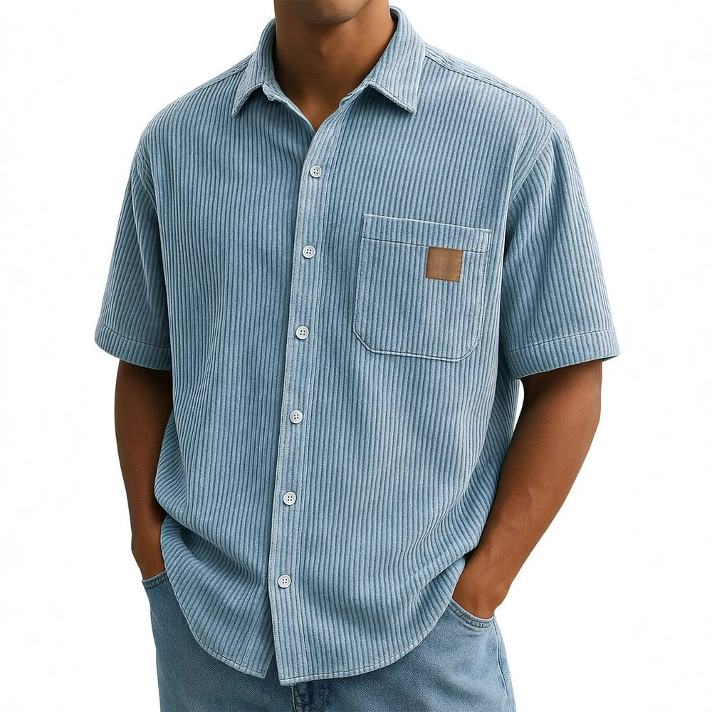 Versatile Leisure Corduroy Leather Sticker Pocket Short Sleeve Shirt