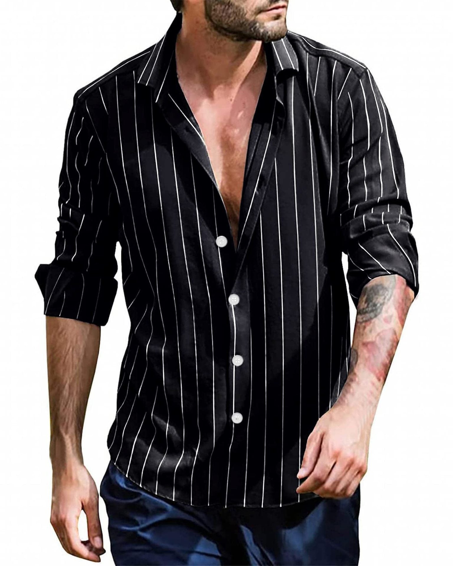 Fall Winter Men Striped Lapel Cardigan Striped Long Sleeve Shirt