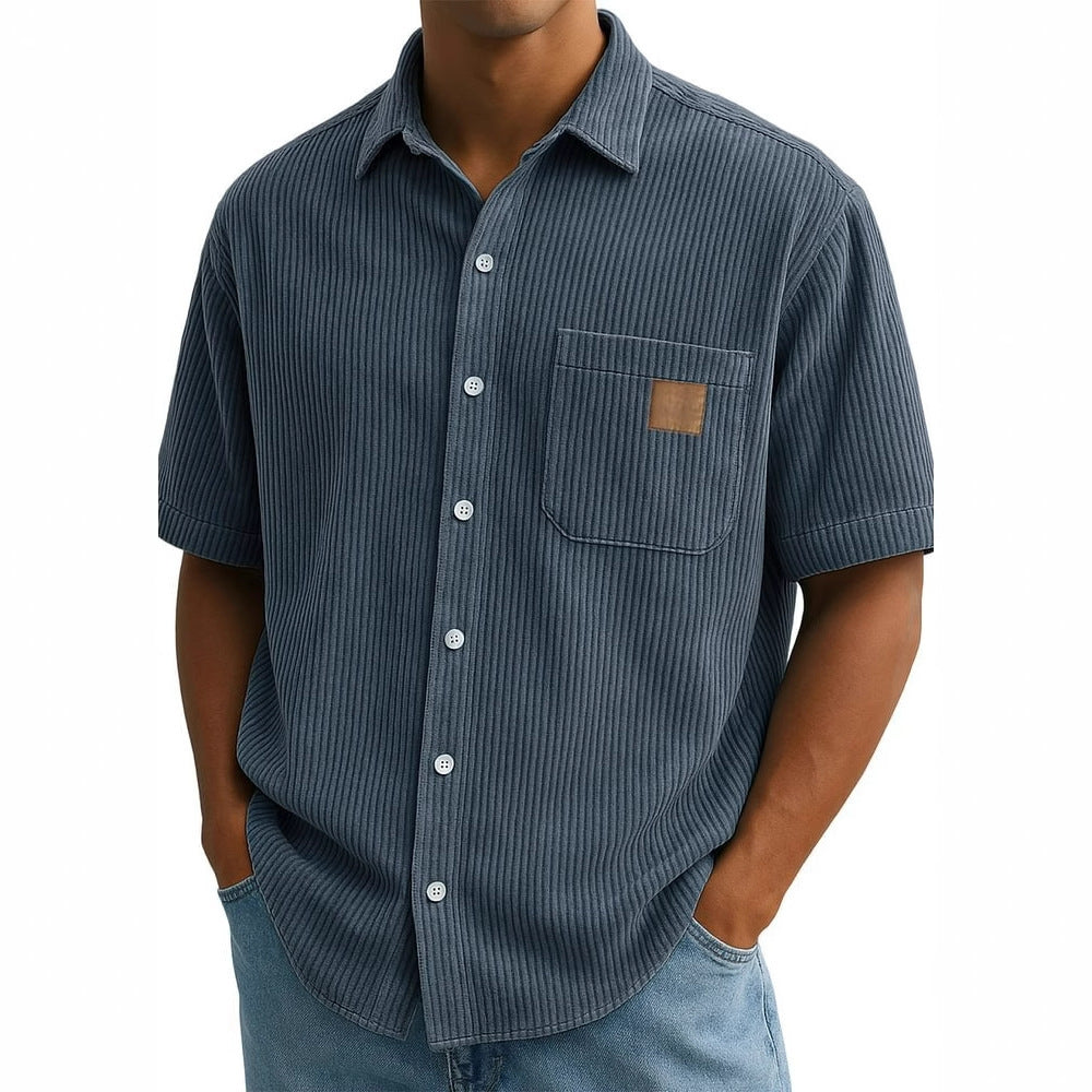 Versatile Leisure Corduroy Leather Sticker Pocket Short Sleeve Shirt