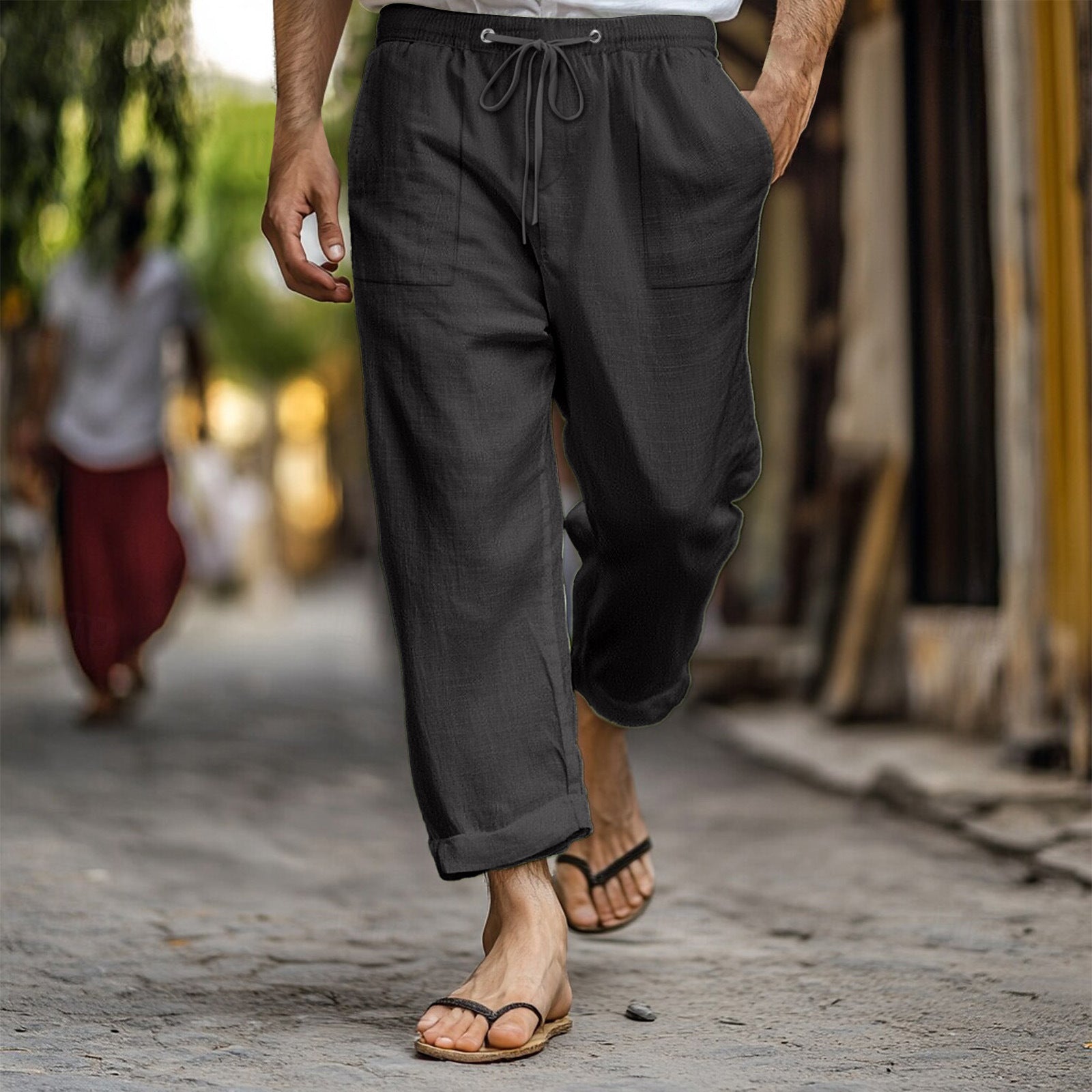 Men's Casual Summer Elastic Waist Drawstring Multi-pocket Cotton And Linen Trousers