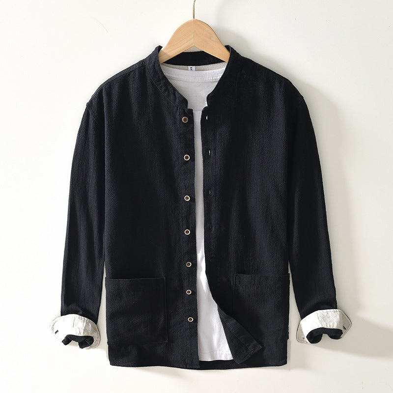 Chinese-style Stand Collar Ramie Long-sleeved Shirt Breathable Linen Casual Chinese-style Shirt For Men