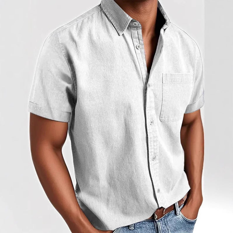 Polo Collar Solid Color Pocket Single-breasted Men's Short-sleeved Shirt