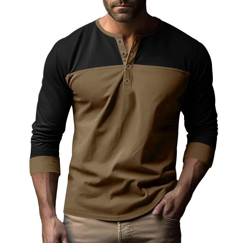 Retro Trendy Long-sleeve Color Matching Henry Collar Bottoming Shirt Casual T-shirt