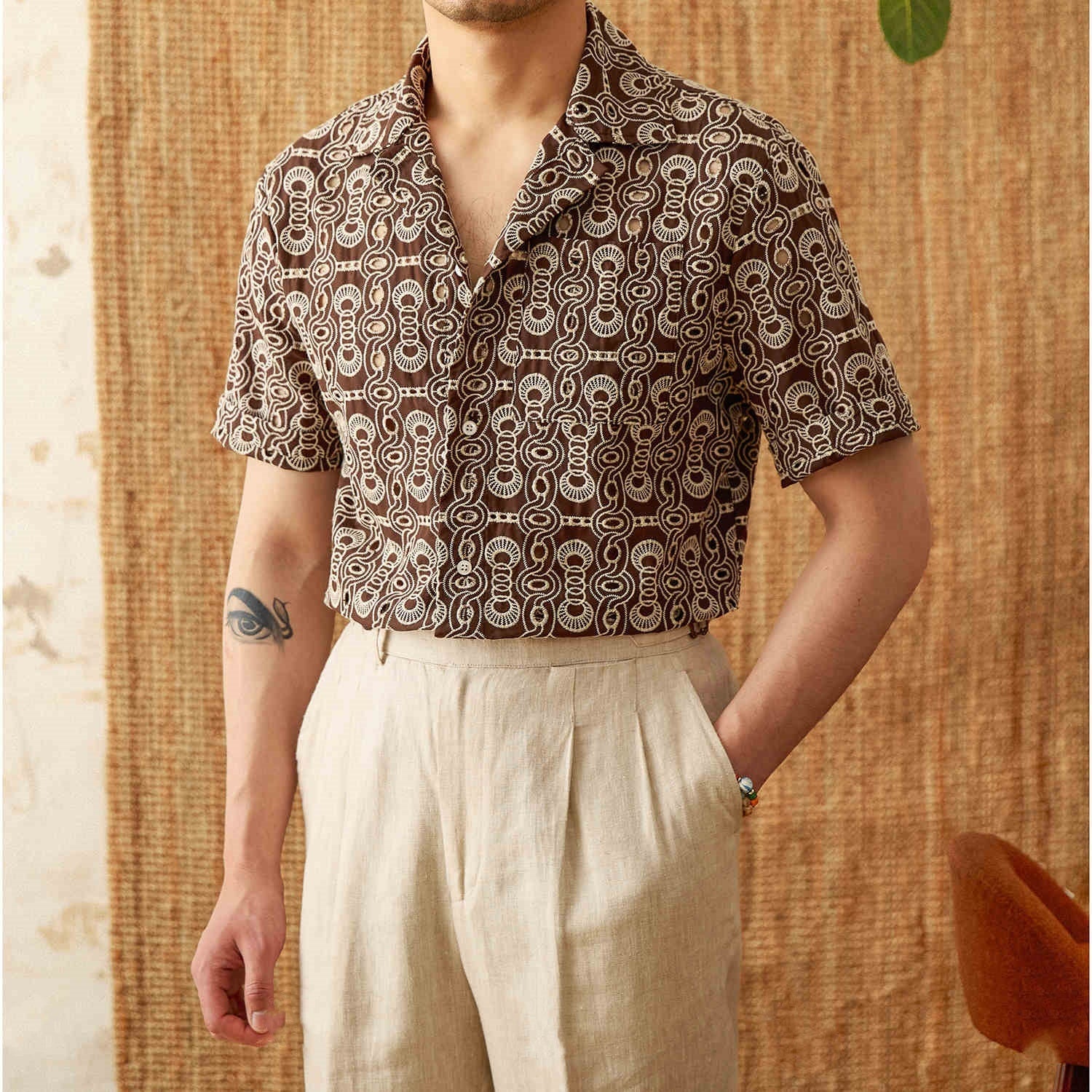 Vintage Embroidered Cotton Casual Cuban Collar Short Sleeve Printed Shirt