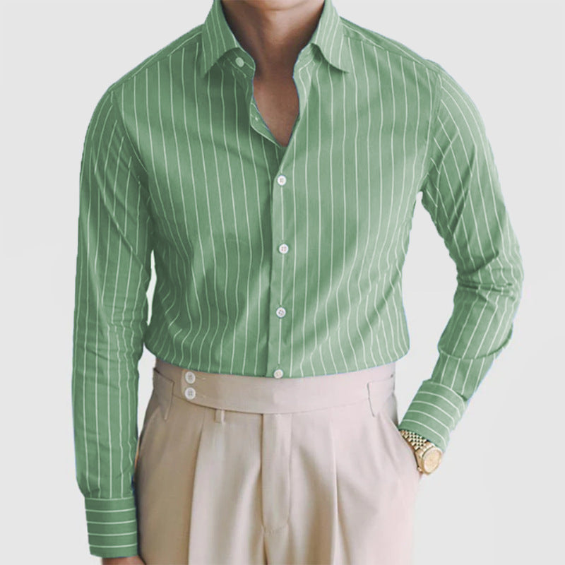 Fall Winter Men Striped Lapel Cardigan Striped Long Sleeve Shirt