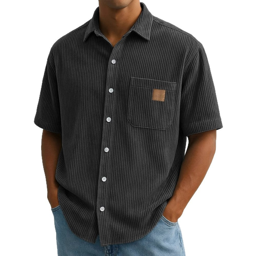 Versatile Leisure Corduroy Leather Sticker Pocket Short Sleeve Shirt