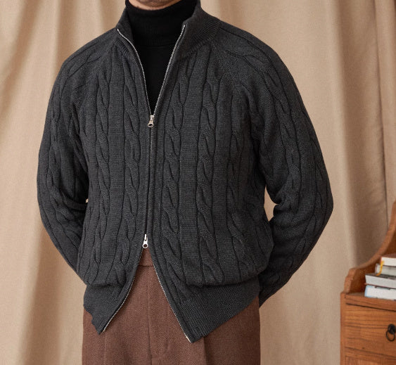 Pure Cotton Knitted British Thickened Heavy Weight Twisted Double Zipper Cardigan