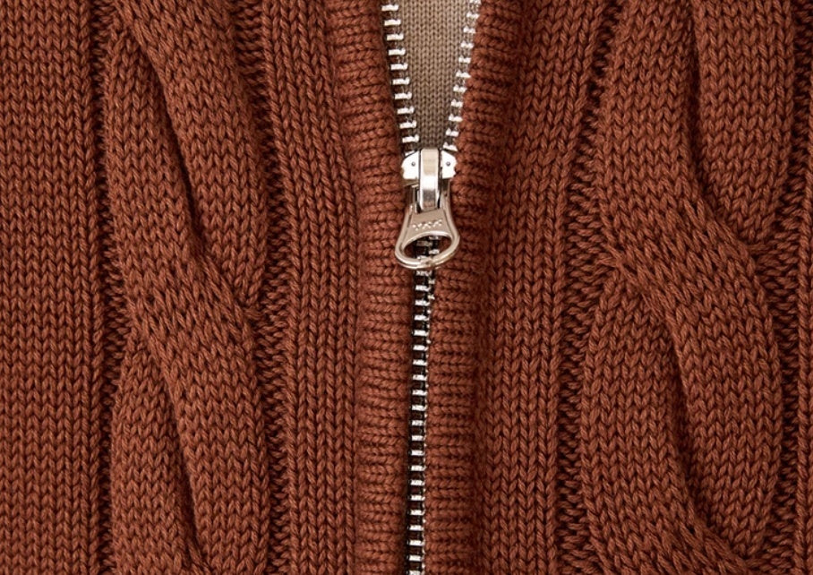 Pure Cotton Knitted British Thickened Heavy Weight Twisted Double Zipper Cardigan