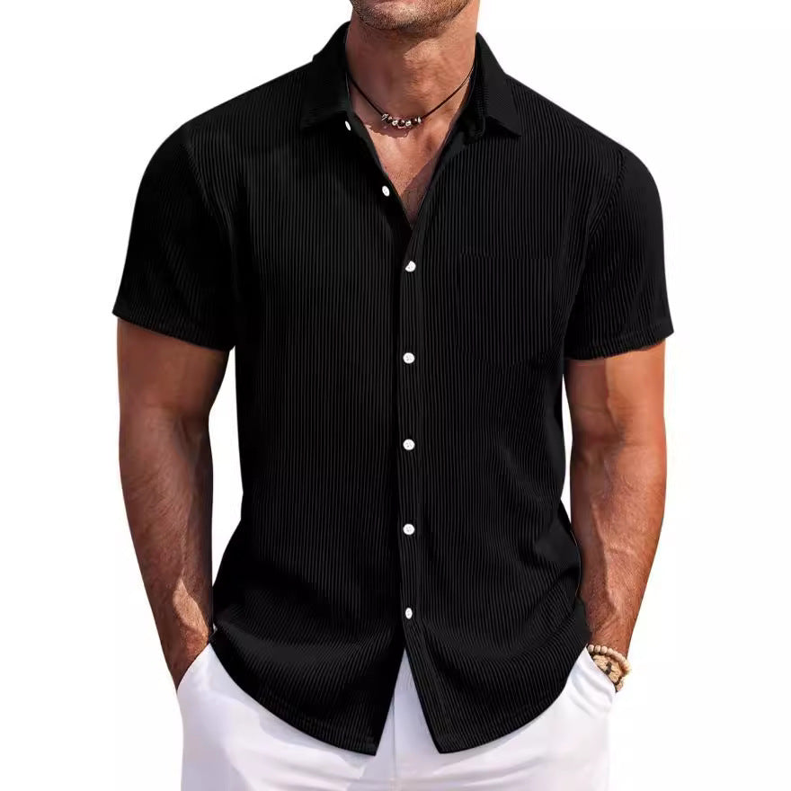 Solid Color Loose Vertical Striped Men's Short-sleeved Shirt