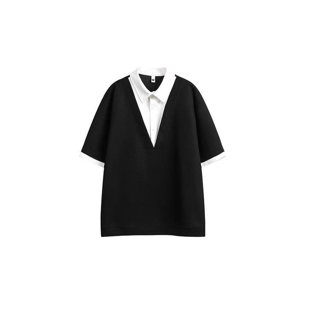 Men's False Two Pieces Shirt Collar Color Matching Short Sleeve T-shirt