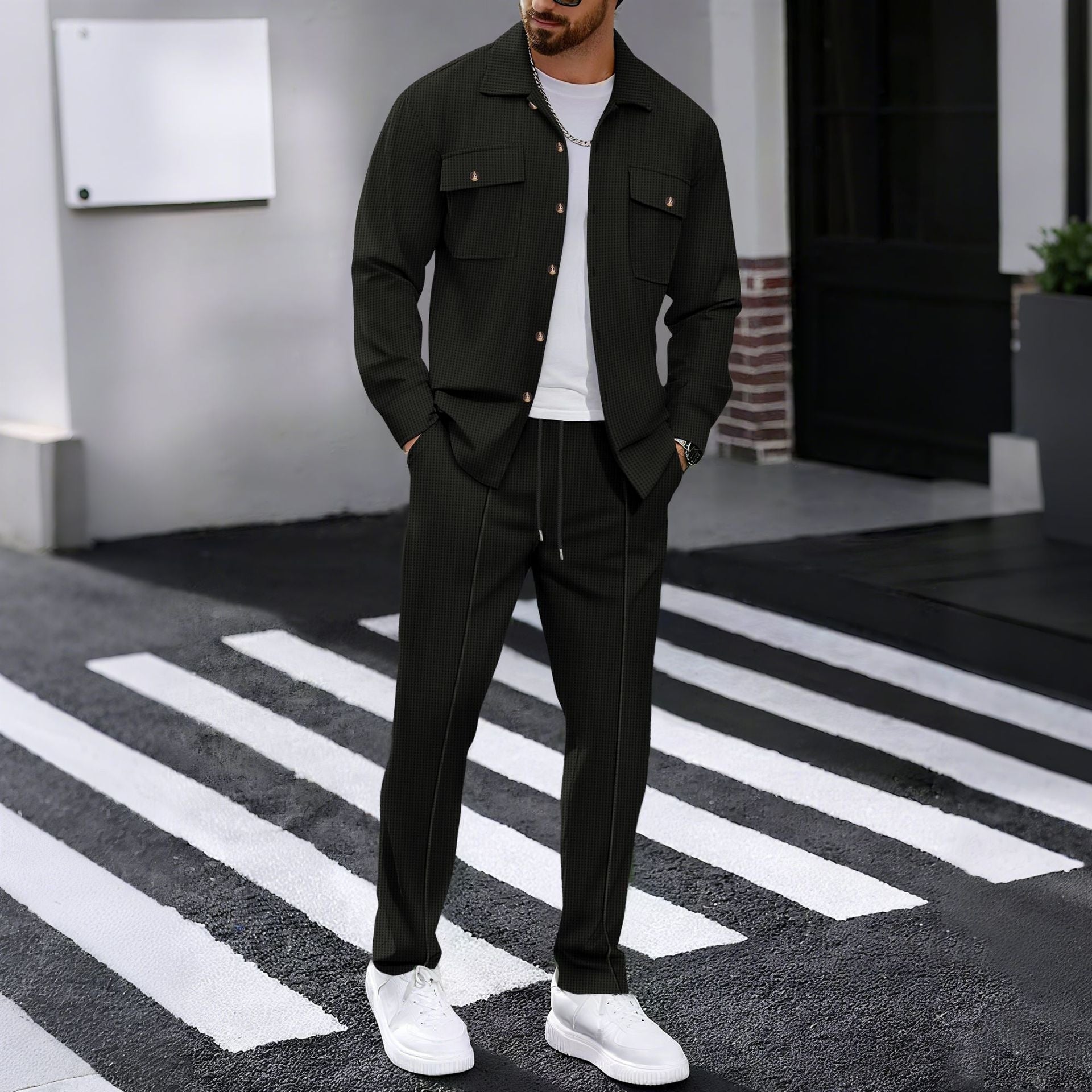 Autumn New Waffle Long-sleeved Trousers Two-piece Set Cardigan Shirt Suit