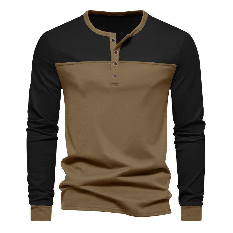Retro Trendy Long-sleeve Color Matching Henry Collar Bottoming Shirt Casual T-shirt