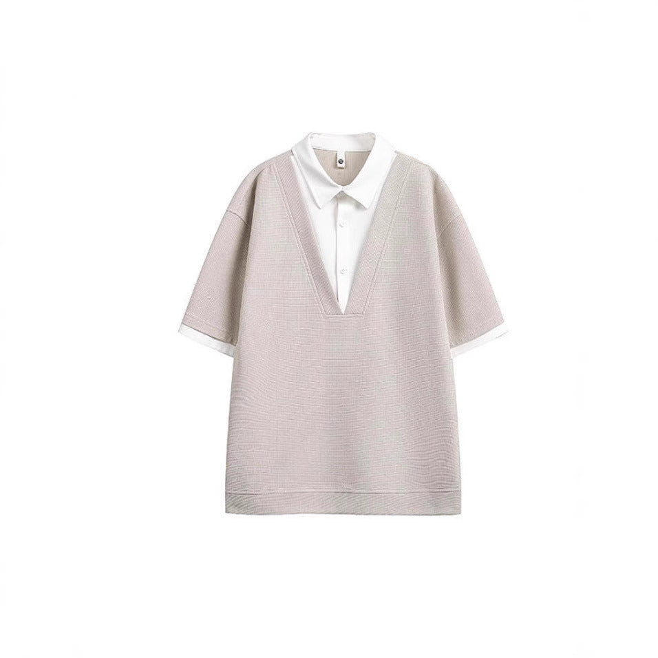 Men's False Two Pieces Shirt Collar Color Matching Short Sleeve T-shirt