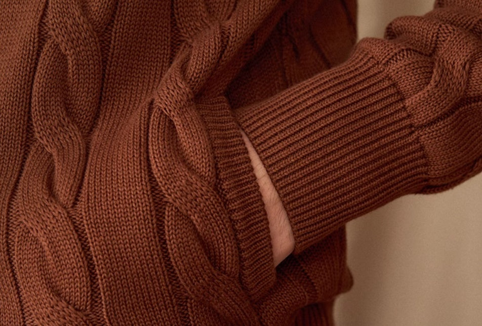 Pure Cotton Knitted British Thickened Heavy Weight Twisted Double Zipper Cardigan