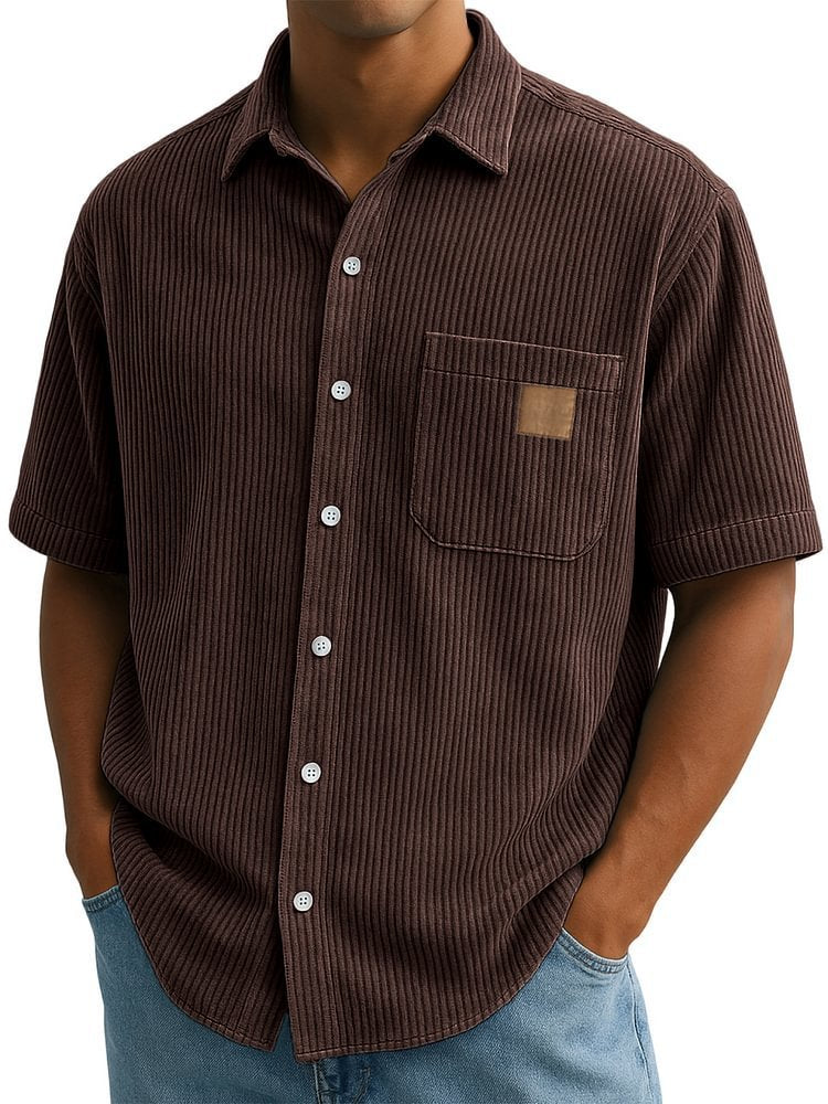 Versatile Leisure Corduroy Leather Sticker Pocket Short Sleeve Shirt