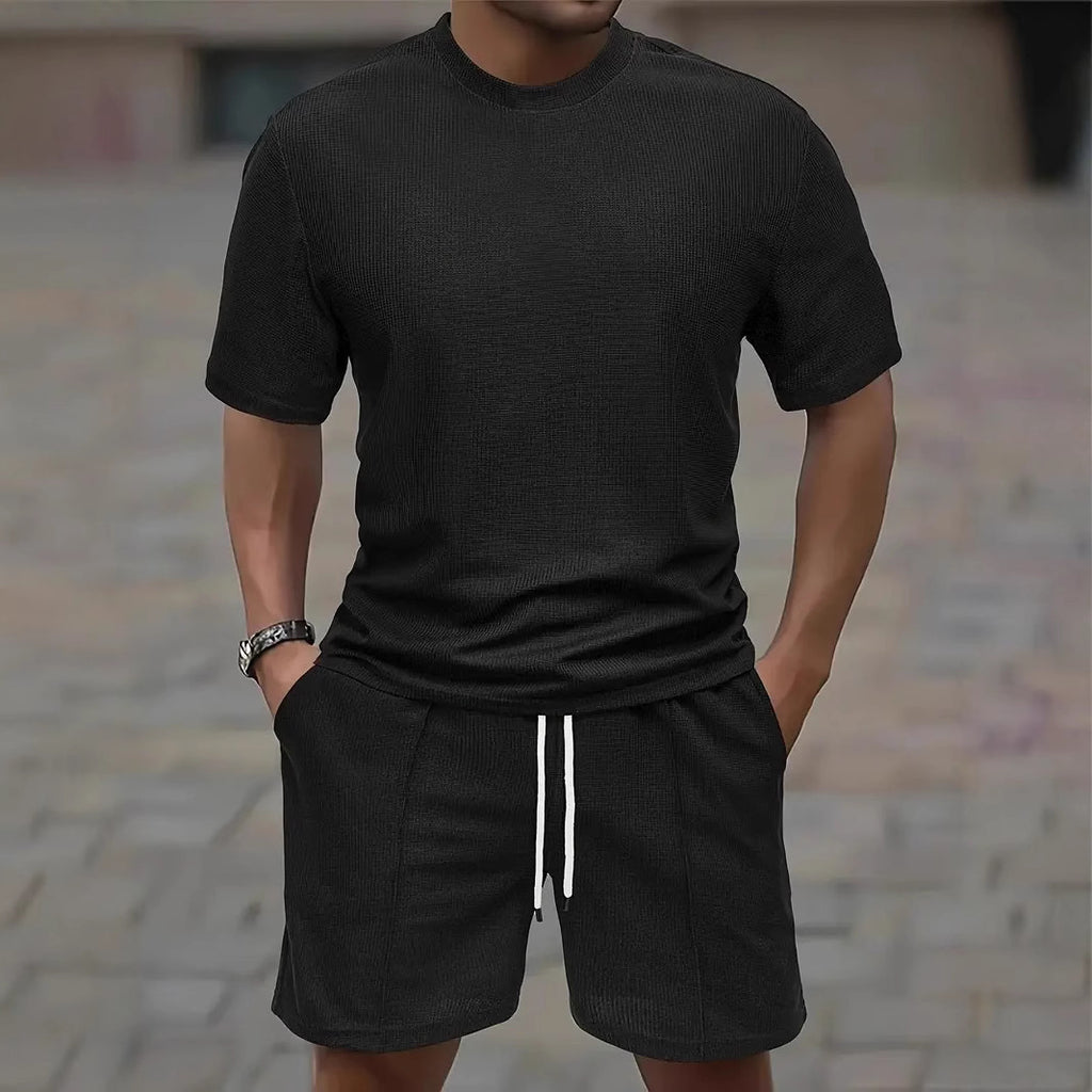 Waffle Texture Short Sleeve Blouse And Pants Men's Summer