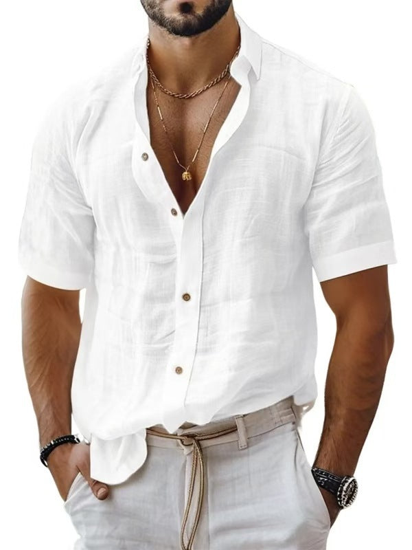 Men's Summer Men's Lapel Shirt Solid Color Short Sleeve Cotton Linen Shirt