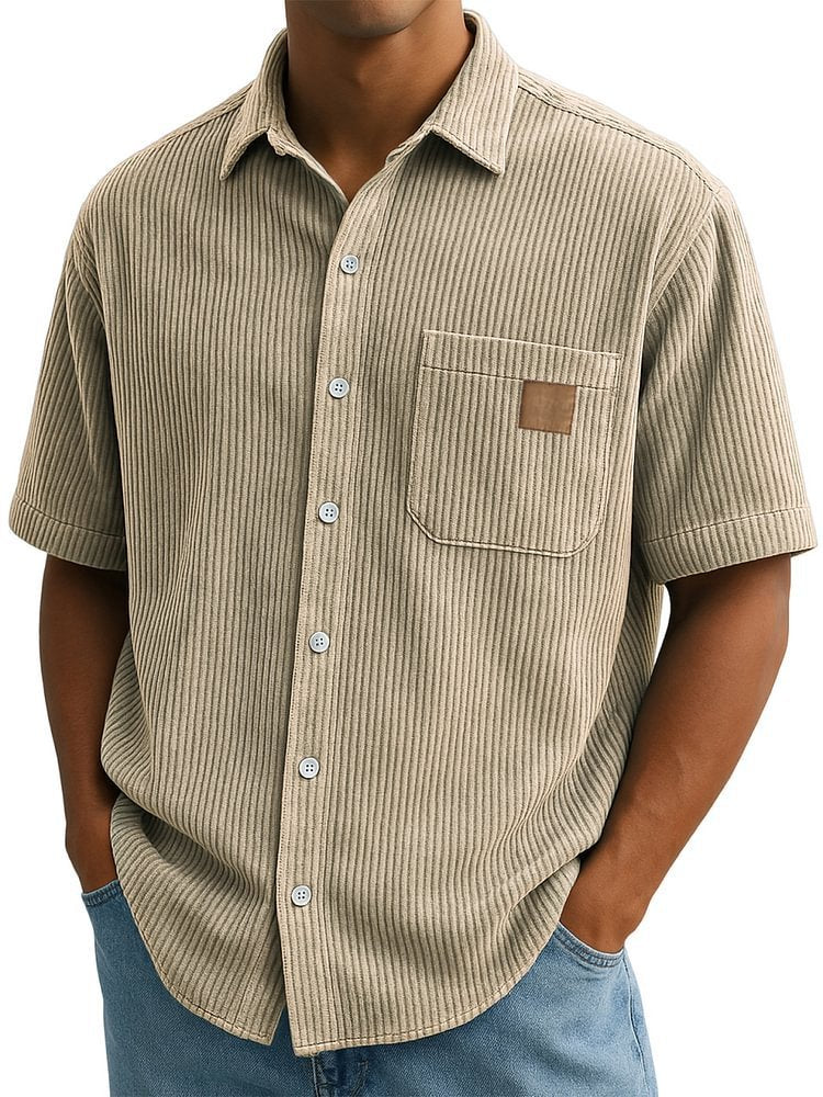 Versatile Leisure Corduroy Leather Sticker Pocket Short Sleeve Shirt