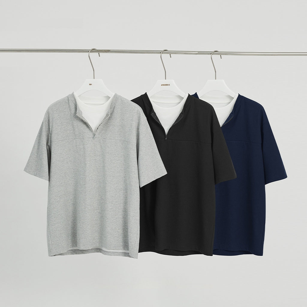 Simple Solid Color Loose Zip False Two-piece Patchwork Top