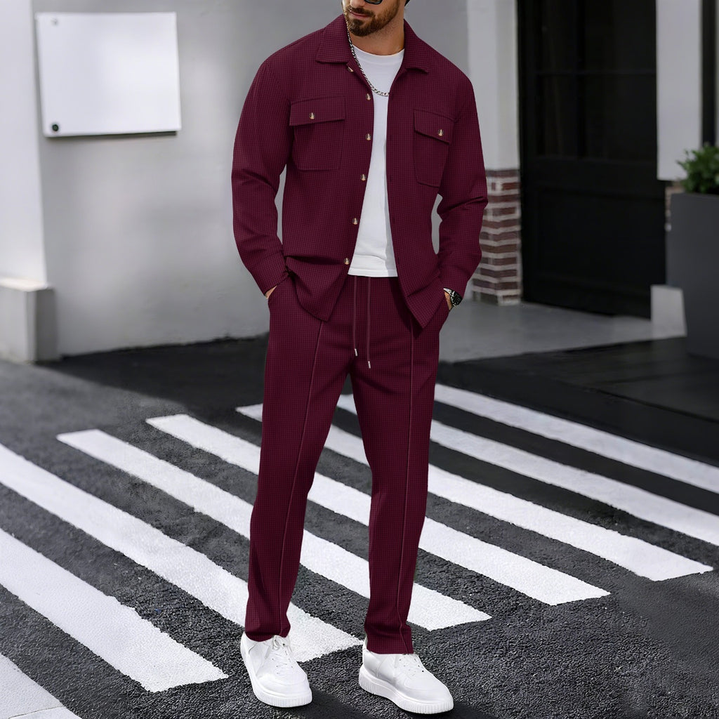 Autumn New Waffle Long-sleeved Trousers Two-piece Set Cardigan Shirt Suit