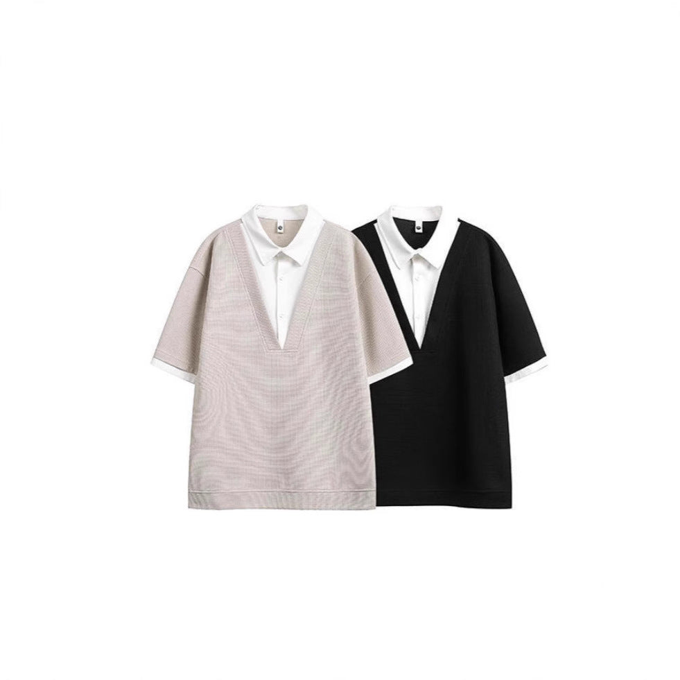 Men's False Two Pieces Shirt Collar Color Matching Short Sleeve T-shirt