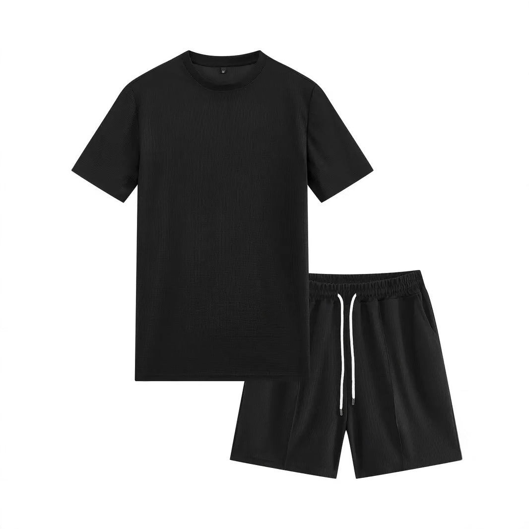 Waffle Texture Short Sleeve Blouse And Pants Men's Summer