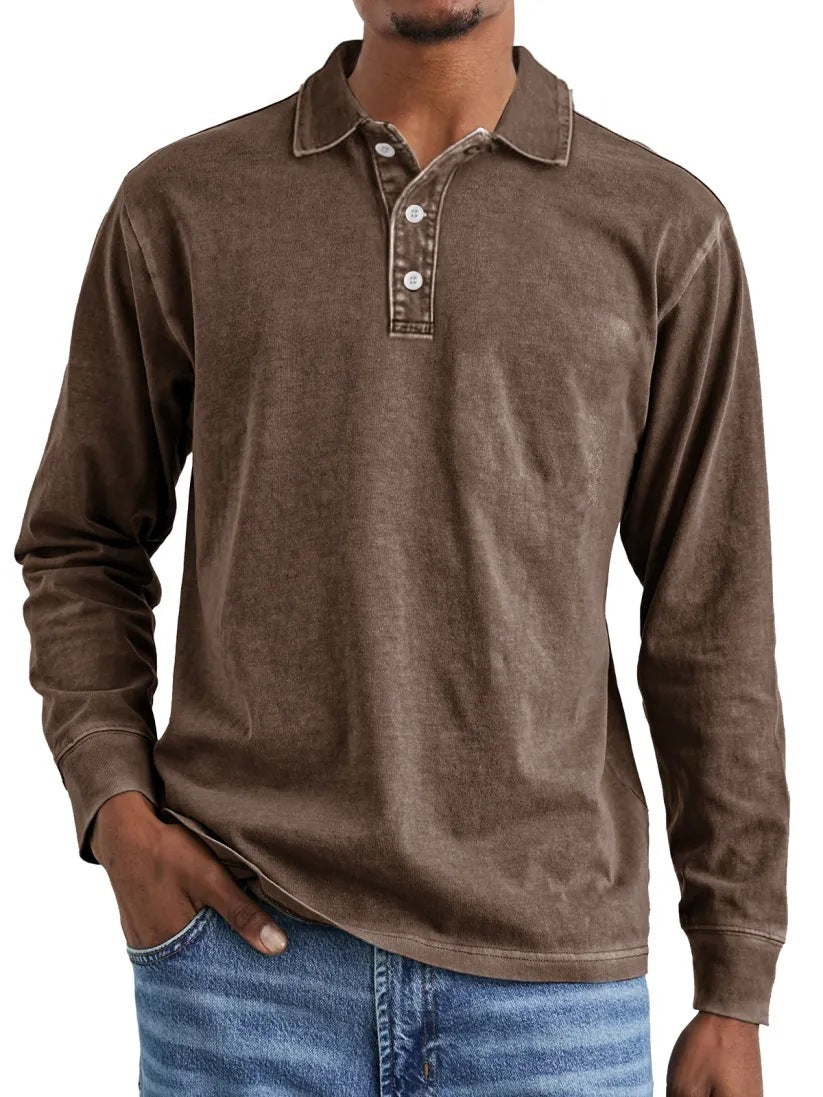 Retro Washed Distressed Cotton Lapel Long Sleeve Polo Shirt