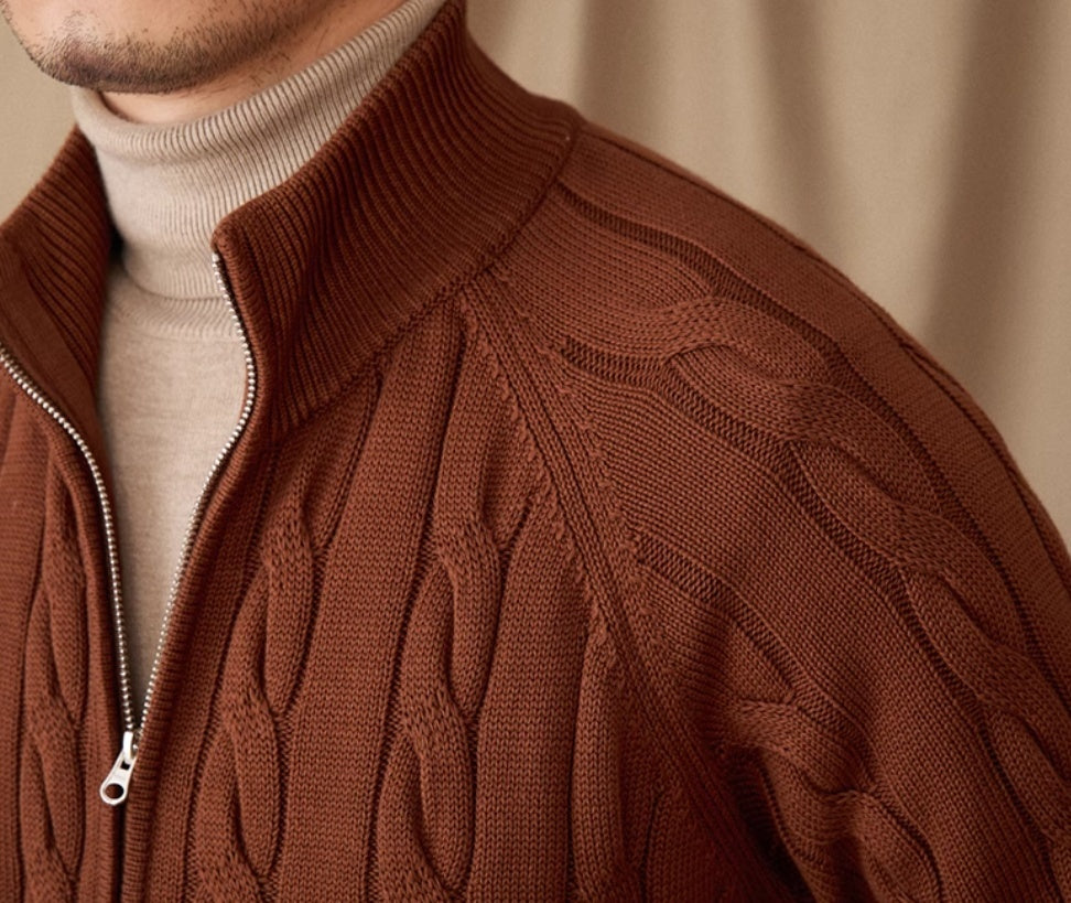 Pure Cotton Knitted British Thickened Heavy Weight Twisted Double Zipper Cardigan