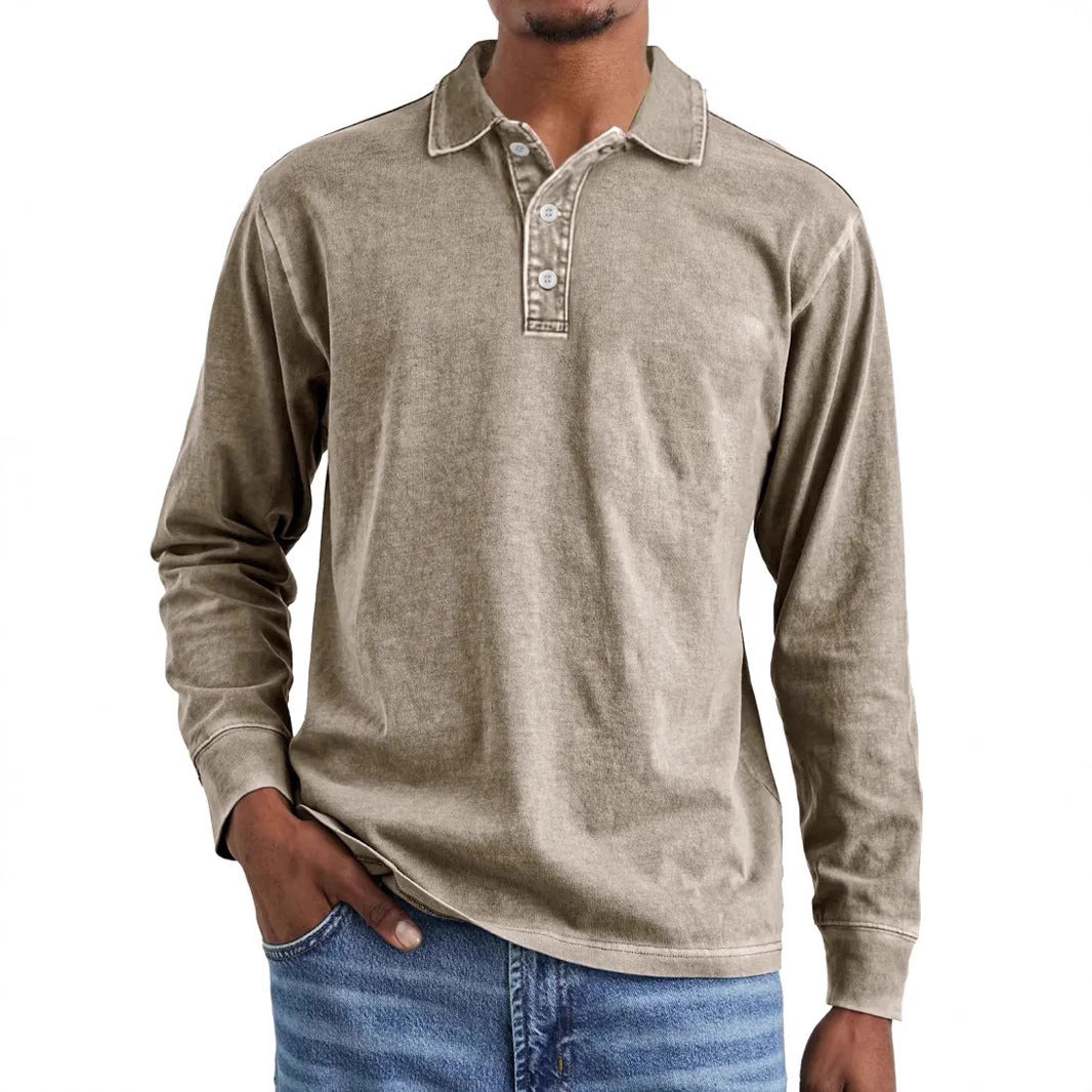 Retro Washed Distressed Cotton Lapel Long Sleeve Polo Shirt