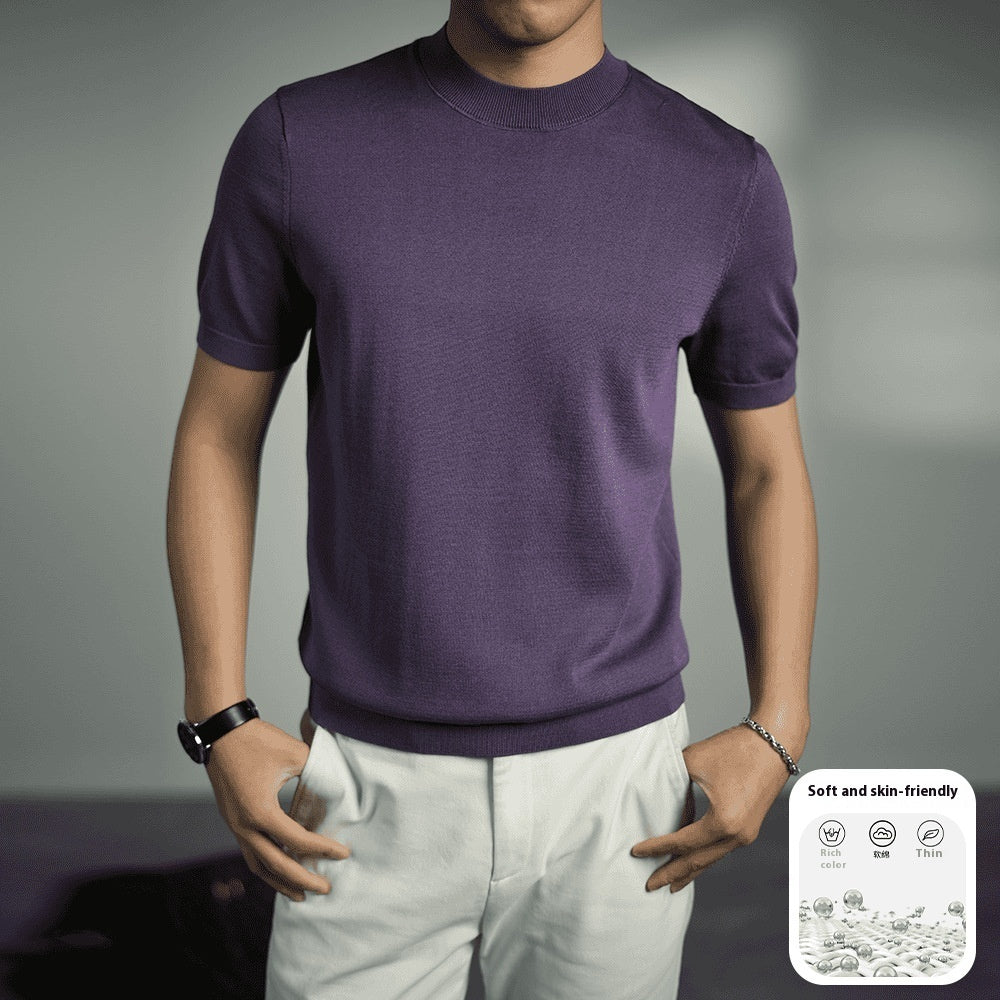 Men's Knitted T-shirt Versatile Solid Color Round Neck Short Sleeves