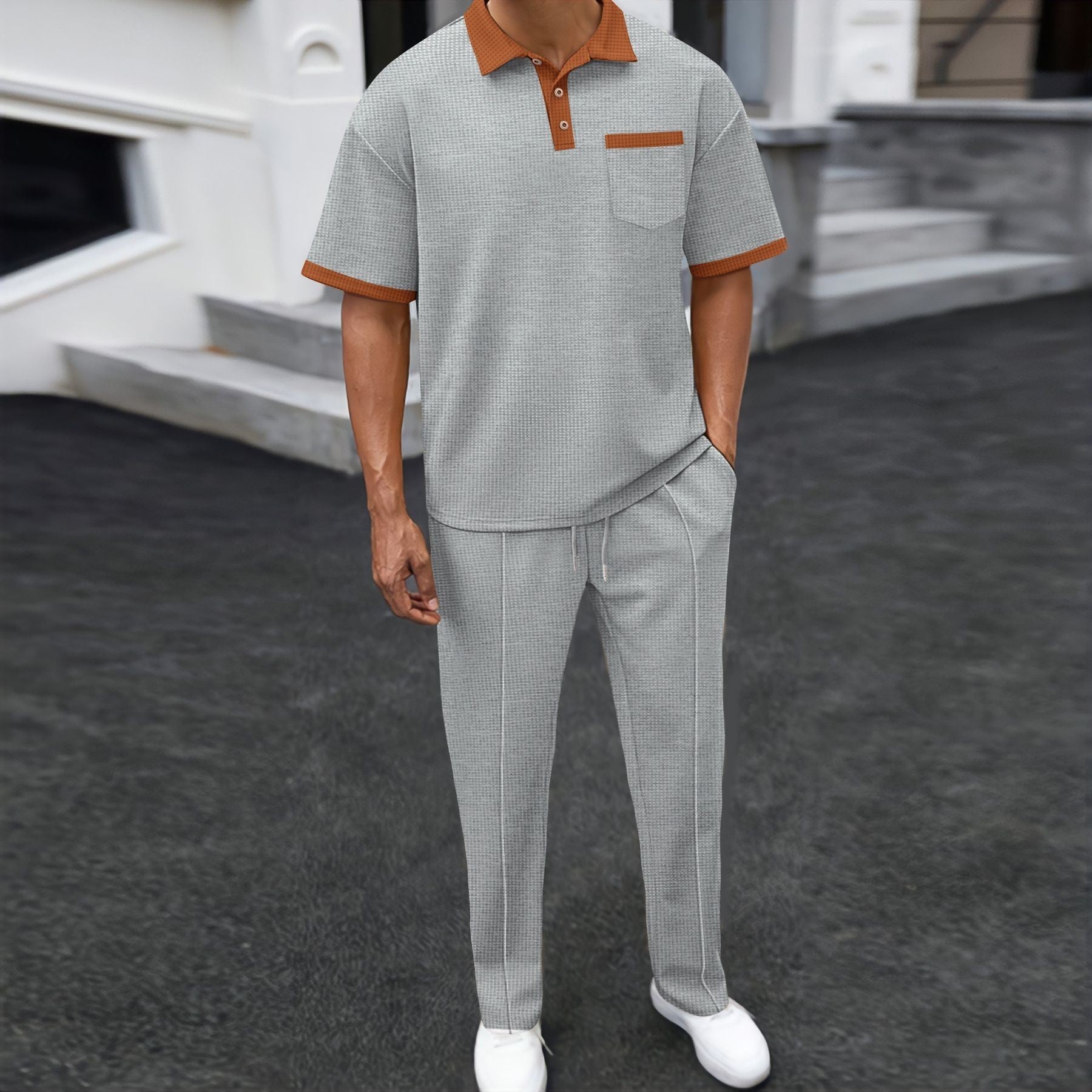 Waffle Lapel Color Matching Short-sleeved Trousers Two-piece Casual Suit