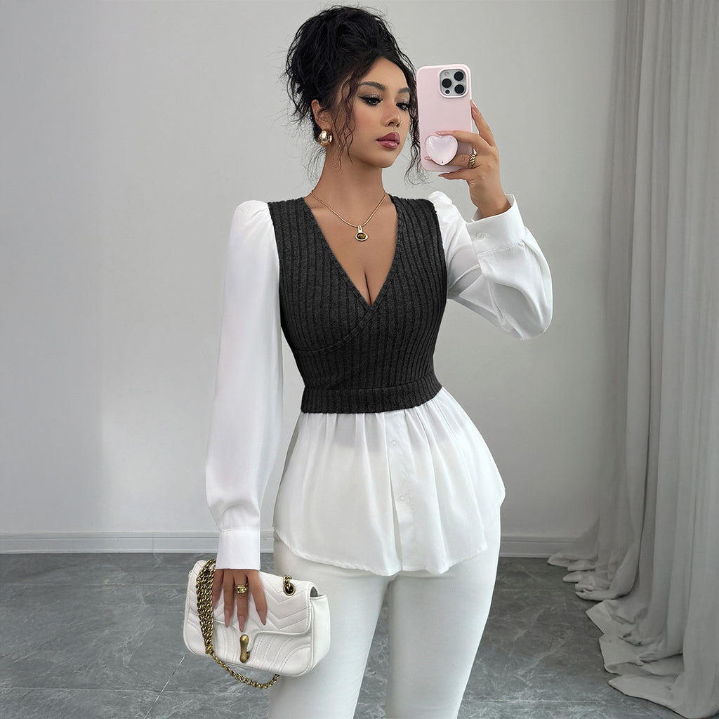 Elegant Stitching Long Sleeve Vest Shirt For Women