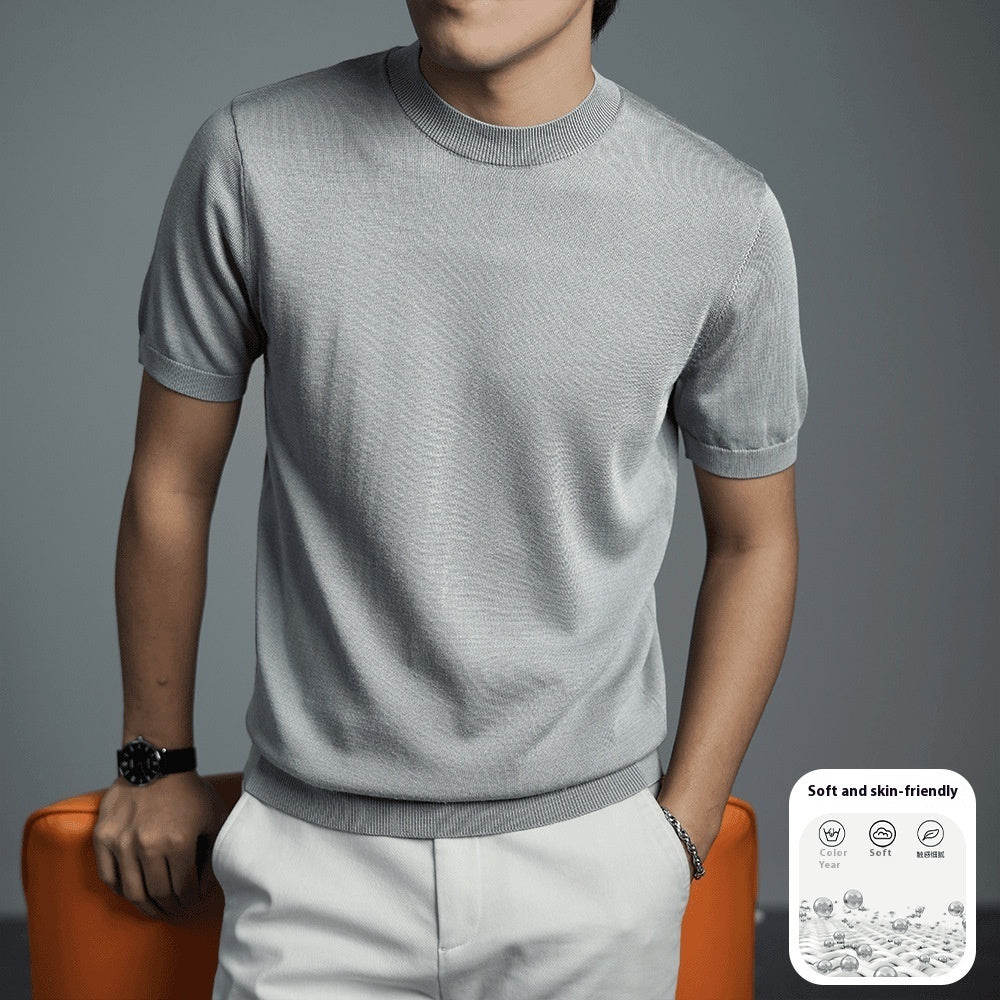 Men's Knitted T-shirt Versatile Solid Color Round Neck Short Sleeves