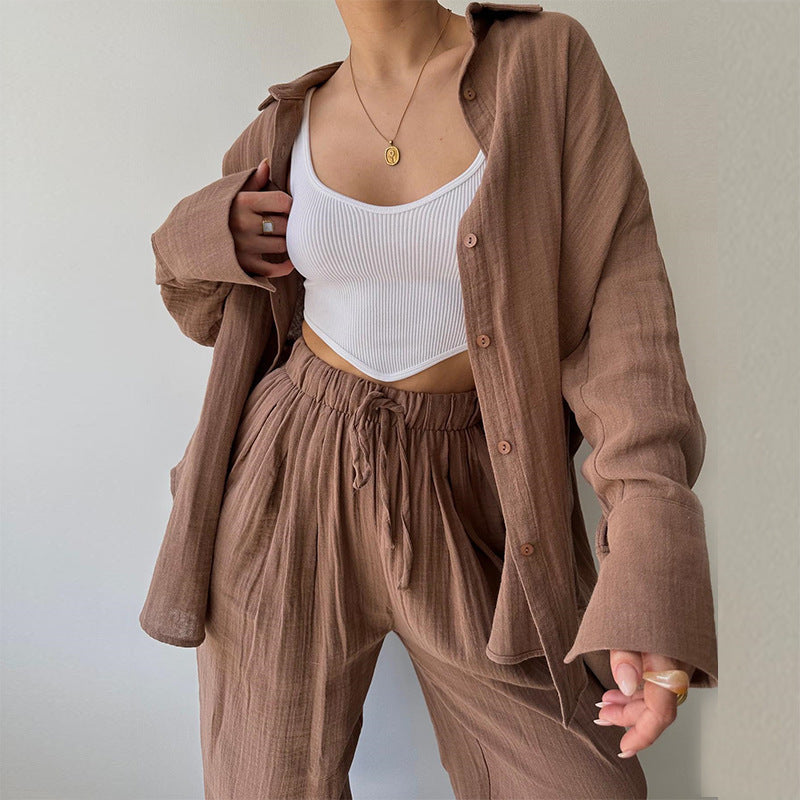 Women's Fashion Casual Simple Lapel Long Sleeve Shirt Trousers Casual Suit