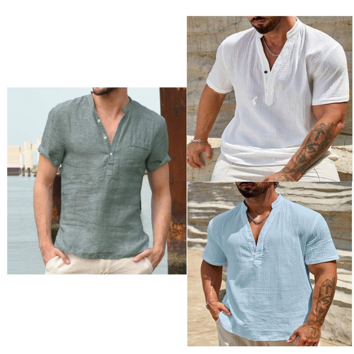 Men's Cotton And Linen Double-layer Solid Color Cuban Collar Short Sleeve Shirt