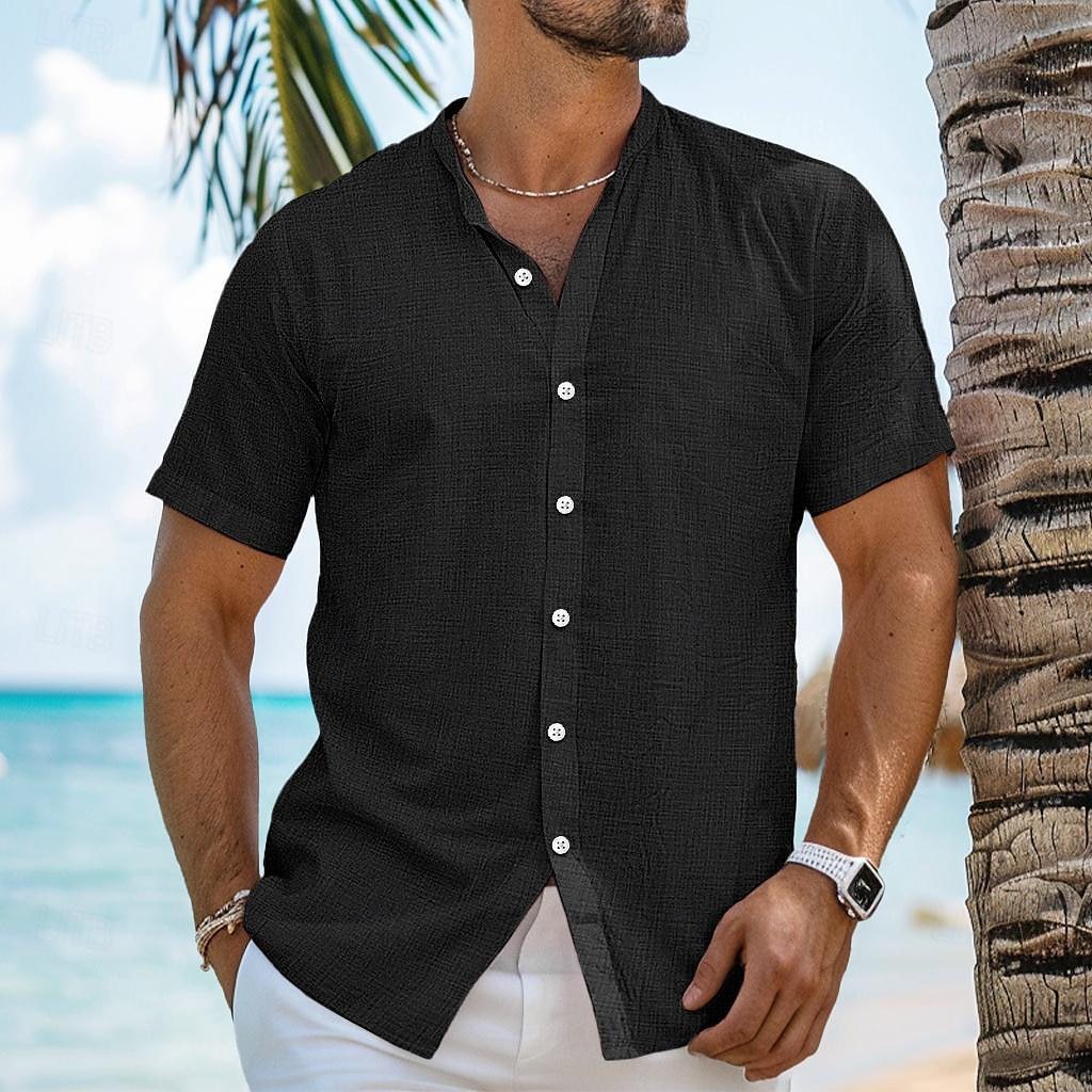 Men's Solid Color Cardigan Henry Collar Short Sleeve Cotton And Linen Shirt