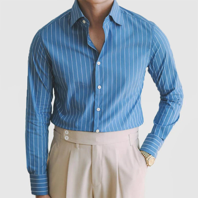 Fall Winter Men Striped Lapel Cardigan Striped Long Sleeve Shirt