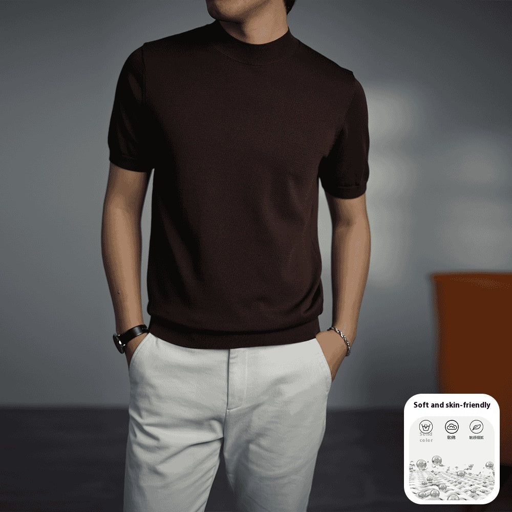 Men's Knitted T-shirt Versatile Solid Color Round Neck Short Sleeves